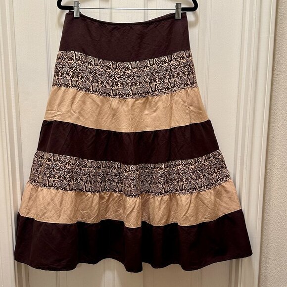 Notations Linen Blend Midi Skirt Size 1X Brown Tiered A Lined Flared Boho Gypsy - Picture 1 of 10
